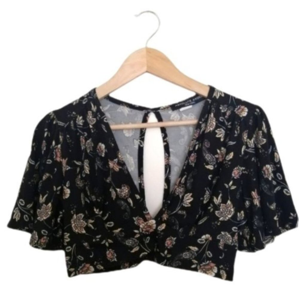 Absolute Angel Black Wide V-neck Floral Crop Top
